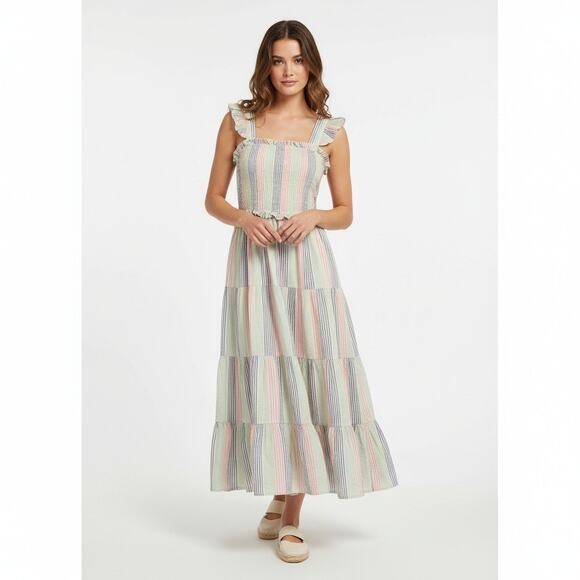 Ruffle Butts Smocked Maxi Dress Women's Sz M Multicolor Striped Tiered Ruffled - Picture 3 of 16